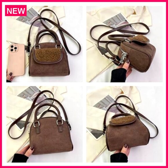 Small Velvet Lamb Wool Tote Shoulder Crossbody Bag Adjustable Strap - Picture 7 of 7